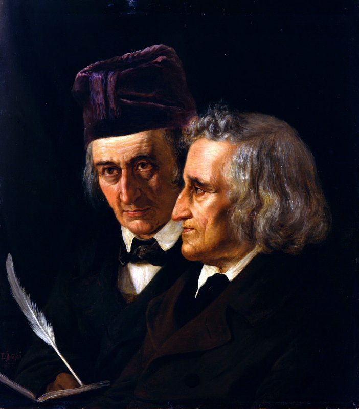 الأخوان فيلهلم غريم (الأيسر) يعقوب غريم (الأيمن)عام 1855 رَسَمتها إليزابيث جيرشو باومان